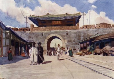 En af portene til Seoul, Koreas hovedstad (farve litho) af E.H. Fitchew