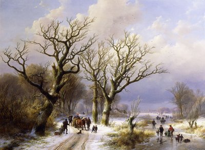 Et skovklædt vinterlandskab med figurer, 1863 af E.J. Verboeckhoven