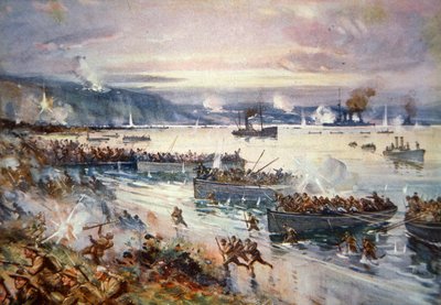 Australiernes landing ved Gallipoli, april 1915 (farve litho) af E.S. Hodgson