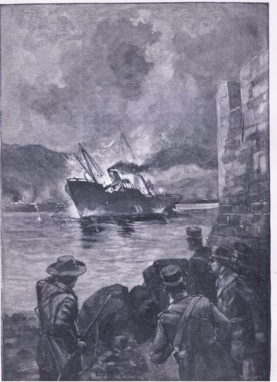 The Spanish American War: The sinking of the Merrimac, illustration fra Cassells History of England, 1900-tallet af E.S. Hodgson