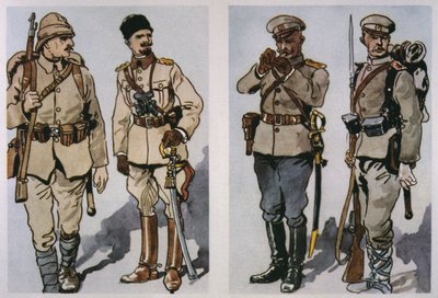 Tyrkisk infanterist og officer (til venstre) og bulgarsk infanteriofficer og fodsoldat af 1917 (højre) af 1917 (farve litho) af E. (after) Dobrich