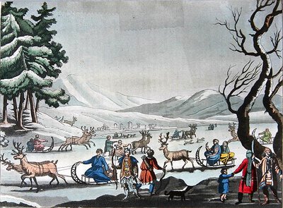 Tungus forlader deres vinterlejr på slæder trukket af rensdyr, ca. 1820 (farvegravering) af E. (after) Karnejeff