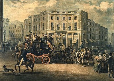 "The Age" Brighton Coach ved Bull and Mouth, Regent Circus (gravering) af E. F. Lambert