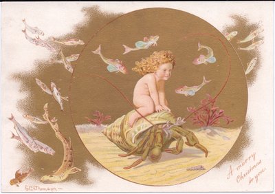 Et victoriansk julekort af en eremitkrabbe i en skal, der bliver redet af en vandmasse omgivet af en stime af fisk, af Gertrude Thompson, ca. 1895 (farve litho) af E. Gertrude Thompson