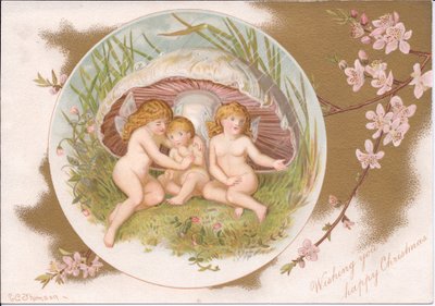 En victoriansk jul af en gruppe feer, der tager ly for regnen under en paddehat, af Gertrude Thompson, ca. 1895 (farve litho) af E. Gertrude Thompson