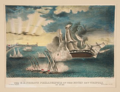 Den amerikanske fregat Philadelphia på klipperne ud for Tripoli (Fra U.S. Military Magazine Army and Navy, bind II) af E. J. Pinkerton