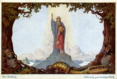 Historie. Unionen af Østrig og Tyskland. Allegori af E. Kutzer, Østrig, ca. 1920 (postkort) af E. Kutzer