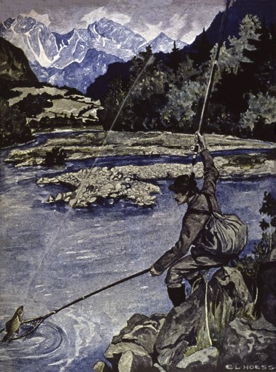 Fiskeri i en flod, ca. 1900 (illustration) af E. L. Hoess