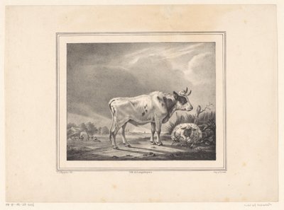 Stående ko og liggende får i landskab af E. L. Huygens (possibly)