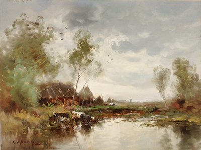 Landskab med vindmølle af E. Landseer Harris