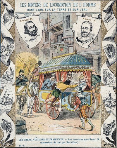 Mordet på Henri IV af Francois Ravaillac i rue de la Ferronerie den 14. maj 1610 - Fra et beskyttende hylster til skolebøger, slutningen af det 19. århundrede - Henri IV:s død: Mordet på Henrik IV (1553 - 1610) den 14. maj 1610 af Francois Ravaillac (1 af E. Letellier