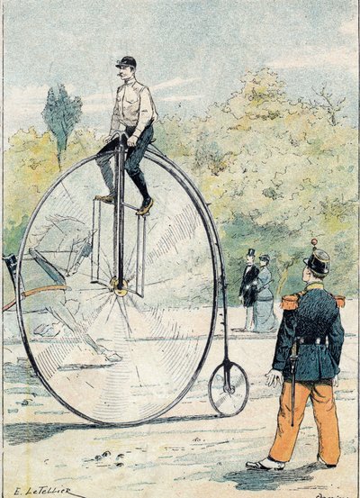 Grand bi (Grand-Bi) med forhjulsdiameter større end 1,50 m - Fra et beskyttelseshylster til skolebøger, slutningen af det 19. århundrede - illustration af E. Letellier - Protege notesbog historisk, slutningen af 1800-tallet - af E. Letellier