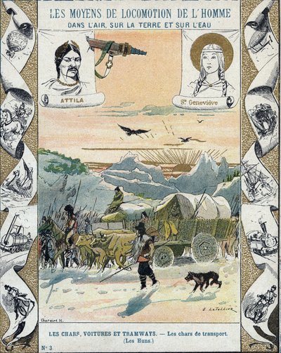 Transporttanke - Hunnerne fra Attila (ca. 395-453) - Barbariske invasioner - illustration af E Letellier - Beskytter historisk notesbog, slutningen af det 19. århundrede - af E. Letellier
