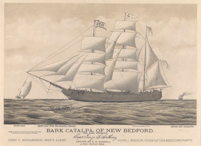 Bark Catalpa fra New Bedford, politibåd, skibsbåd og det britiske skib Georgette af E. N. Russell