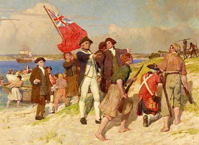 Løjtnant James Cooks landgang i Botany Bay, 29. april 1770 (maleri af E Phillips Fox) af E. Phillips Fox