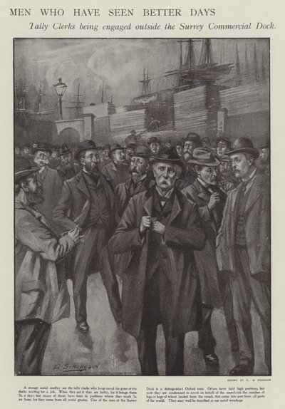 Mænd, der har set bedre dage: talfunktionærer bliver forlovet uden for Surrey Commercial Dock, London (litho) af E. S. (after) Hodgson
