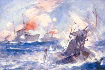 The Sinking of the German Submarine U15 af HMS Birmingham (farve litho) af E. S. (after) Hodgson