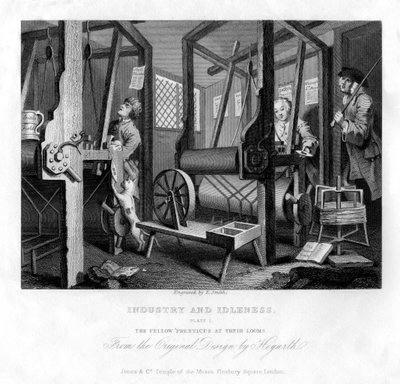 Medlærlinge ved deres væve, plade I af Industri og lediggang, 1833. af E. Smith