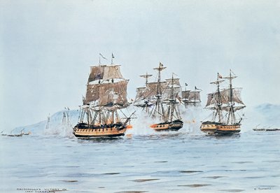 Commodore Macdonough i Saratoga besejrer briterne, Slaget ved Lake Champlain af E. Tufnell