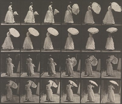 [Kvinde, der åbner parasol], 1883-86, trykt 1887. af Eadweard Muybridge