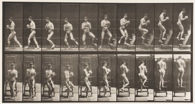 Plade 151. Nedstigende trappestige, vende sig om, klippe i hænder, 1872-1885 af Eadweard Muybridge