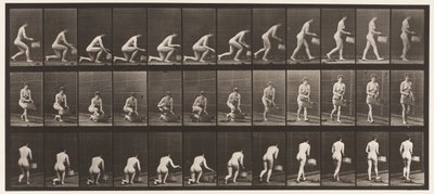 Plade 251. Knælende på venstre knæ, kurv i venstre hånd og rejser sig, 1872-1885 af Eadweard Muybridge