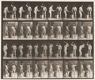 Tavle 377. Smed, to modeller, hamring på Advil, 1872-1885 af Eadweard Muybridge