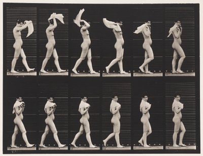Tallerken 40. Går, kaster lommetørklæde over skuldrene af Eadweard Muybridge