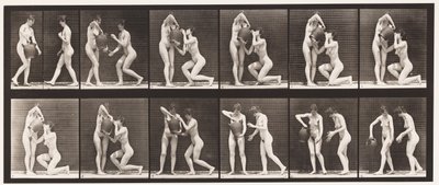 Tallerken 452. To modeller, 8 knæ, drikkevarer fra vandkrukke i hænder, 1872-1885 af Eadweard Muybridge