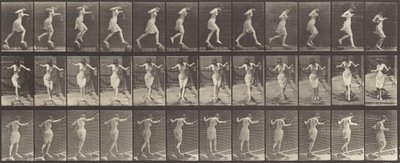 Tallerken nummer 175. Krydsende bæk på trædesten med fiskestang og dåse af Eadweard Muybridge