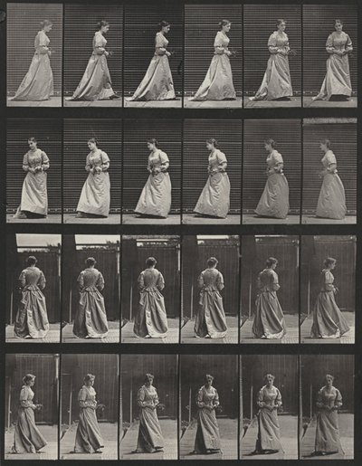 Tavle nummer 48. Gå og vende sig rundt med en buket i begge hænder af Eadweard Muybridge