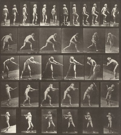 Plade nummer 521. A: Gående. B: At gå op ad et trin. C: Kaster disken. D: Ved hjælp af en skovl. E, F: Ved hjælp af en pick af Eadweard Muybridge