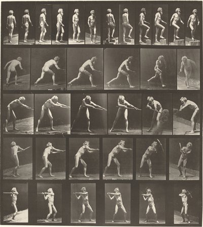 Tallerken nummer 521. A: Gående. B: Stigende trin. C. Kasteskive. D: Bruger skovl. E, F. Brug af pick af Eadweard Muybridge