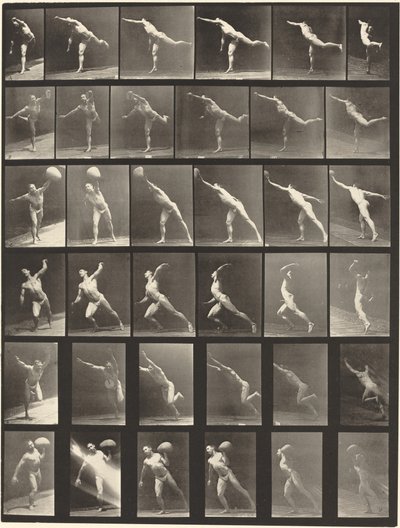 Plade nummer 523. A: Slå et slag. B, E: Kasteskive. C, F: Hæver en 75-lb. sten. D: Kaster en bold af Eadweard Muybridge