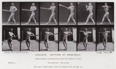 Den menneskelige figur i bevægelse: Atlet, der slår på baseball (s/h-billede) af Eadweard Muybridge