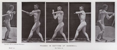 Den menneskelige figur i bevægelse: Faser i batting ved baseball (s/h-billede) af Eadweard Muybridge