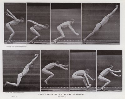 Den menneskelige figur i bevægelse: Nogle faser af et stående længdespring (s/h foto) af Eadweard Muybridge