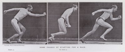 Den menneskelige figur i bevægelse: Nogle faser af at starte et løb (s/h-billede) af Eadweard Muybridge