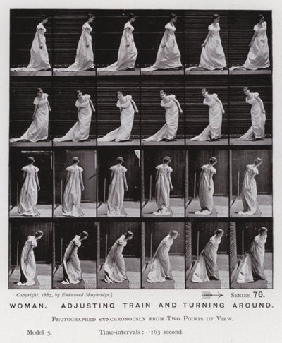 Den menneskelige figur i bevægelse: Kvinde, justerer tog og drejer rundt (s/h foto) af Eadweard Muybridge