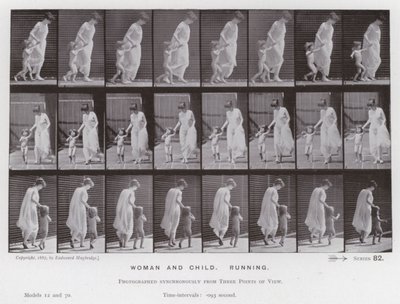 Den menneskelige figur i bevægelse: kvinde og barn, løb af Eadweard Muybridge