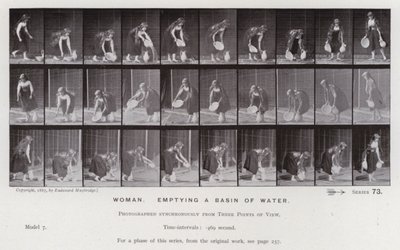 Den menneskelige figur i bevægelse: Kvinde, der tømmer et bassin for vand (s/h-billede) af Eadweard Muybridge