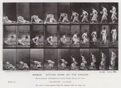 Den menneskelige figur i bevægelse: Kvinde, der sætter sig på jorden (s/h foto) af Eadweard Muybridge