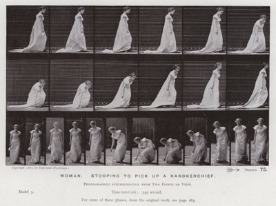 Den menneskelige figur i bevægelse: Kvinde, der bøjer sig for at tage et lommetørklæde (s/h-billede) af Eadweard Muybridge