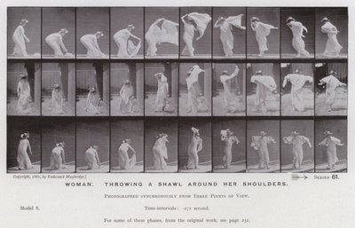 Den menneskelige figur i bevægelse: Kvinde, der kaster et sjal om sine skuldre (s/h-billede) af Eadweard Muybridge