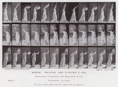 Den menneskelige figur i bevægelse: Kvinde, der går og flirter med en fan (s/h-billede) af Eadweard Muybridge