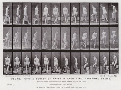 Den menneskelige figur i bevægelse: kvinde, med en spand vand i hver hånd, op ad trapper af Eadweard Muybridge