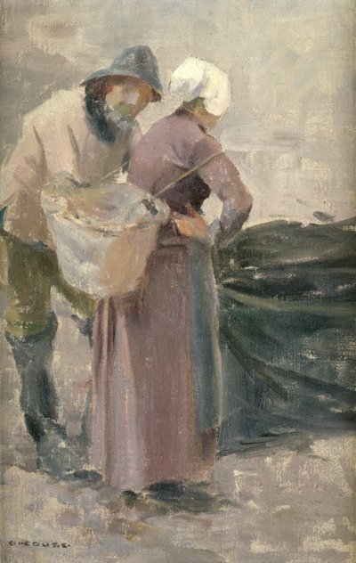 Husmoderen ser på fiskernes fangst, ca. 1900 af Eanger Irving Couse