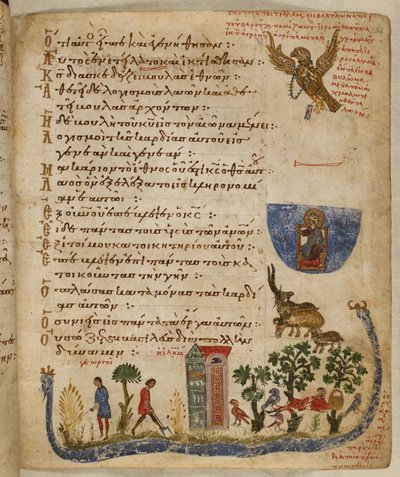Tilføje. 19352, f.36r Ørn sendt af Baruch; havescene, fra Theodore Psalter af Eastern Mediterranean School