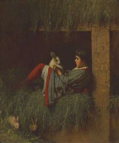 Barn leger med kanin af Eastman Johnson