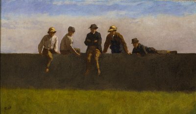 Five Boys on a Wall, ca. 1875-1880 (olie på kompositionstavle) af Eastman Johnson